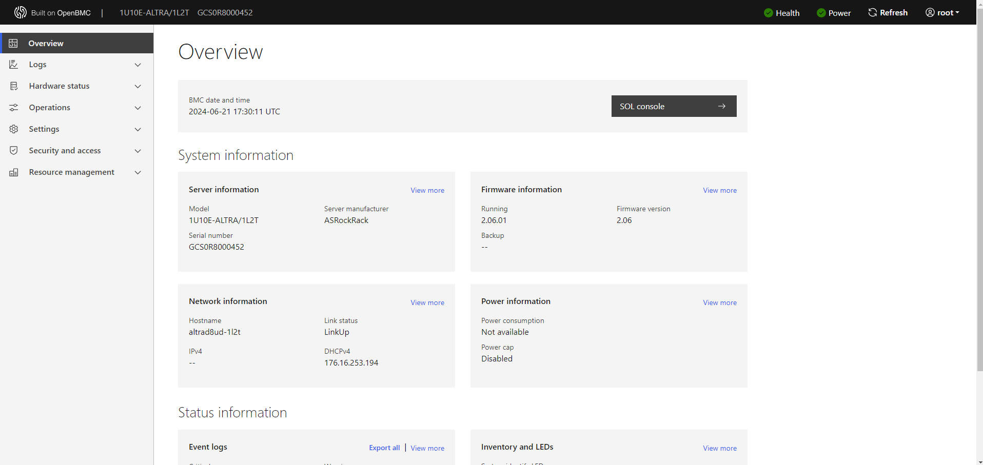 A Screenshot of the Open BMC overview page