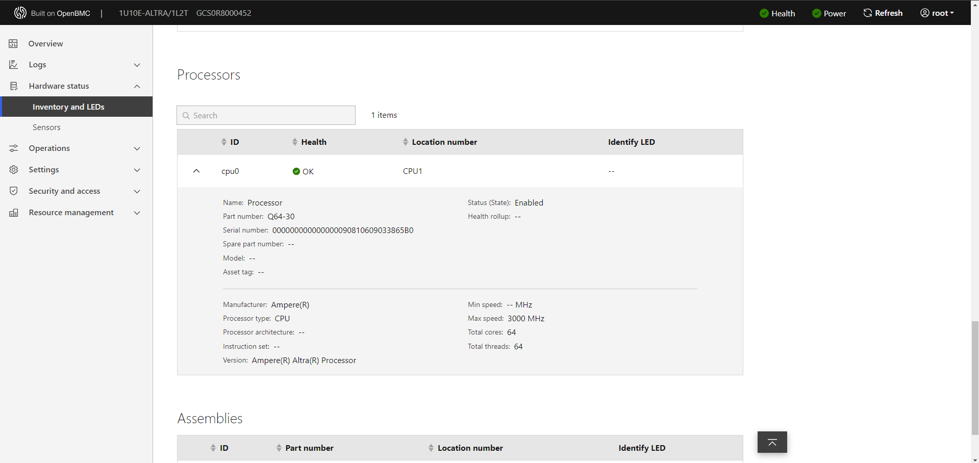 Open BMC Screenshot highlighting CPU specs