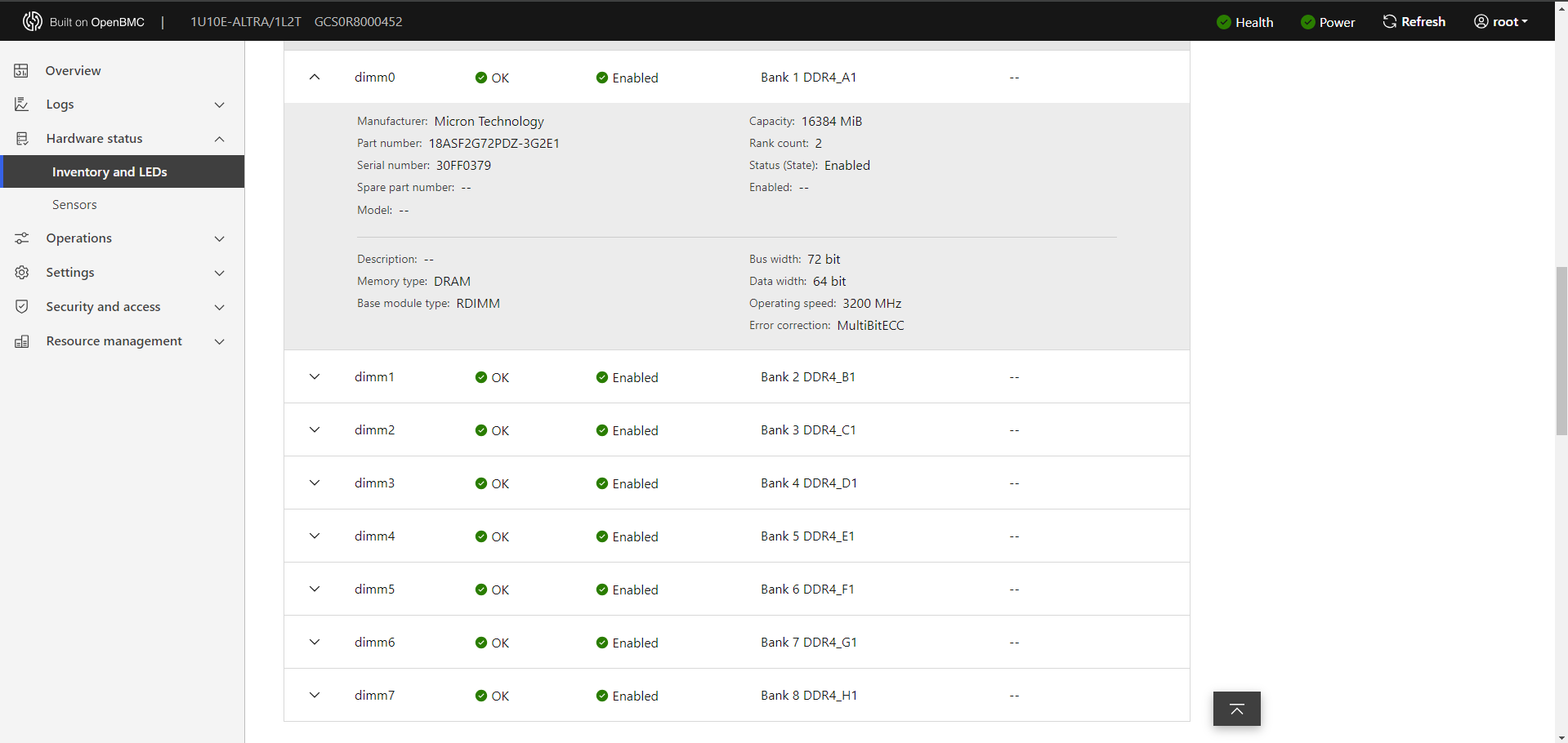 Open BMC Screenshot highlighting system memory