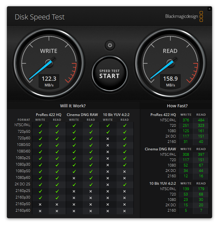 Samsung EVO Select 1TB BlacklMagic DiskSpeedTest results