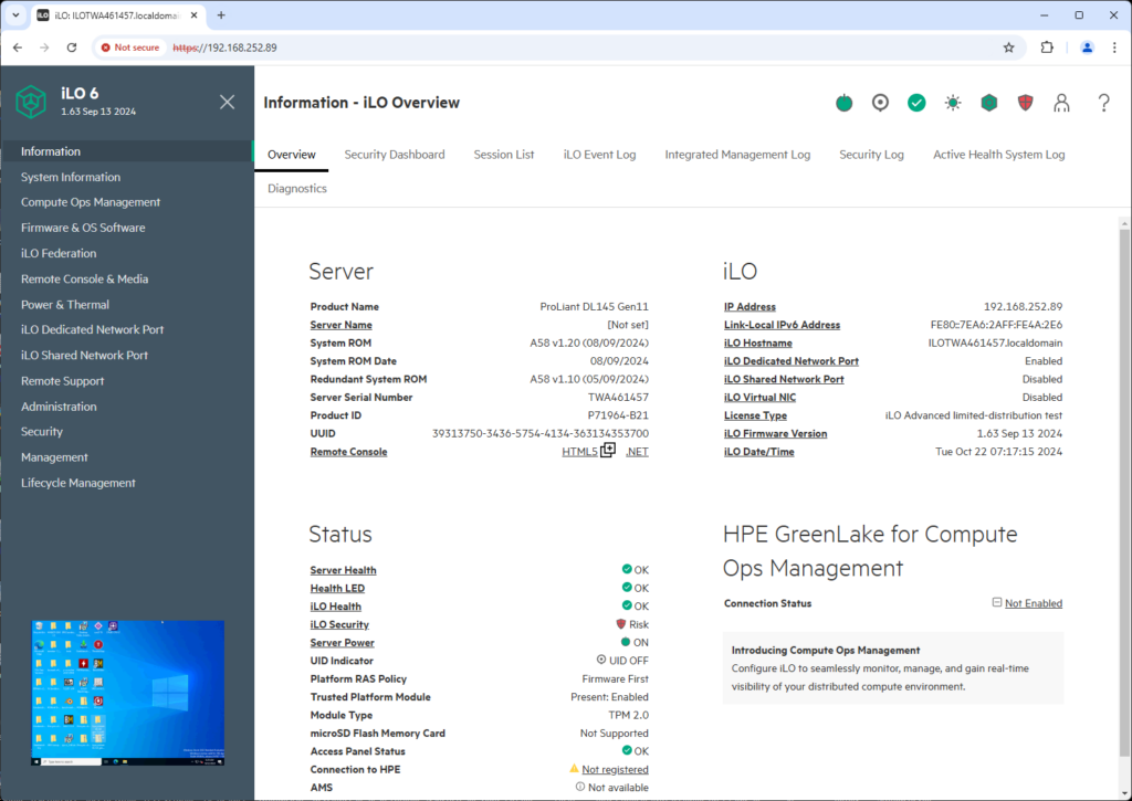 HPE iLO information overview section