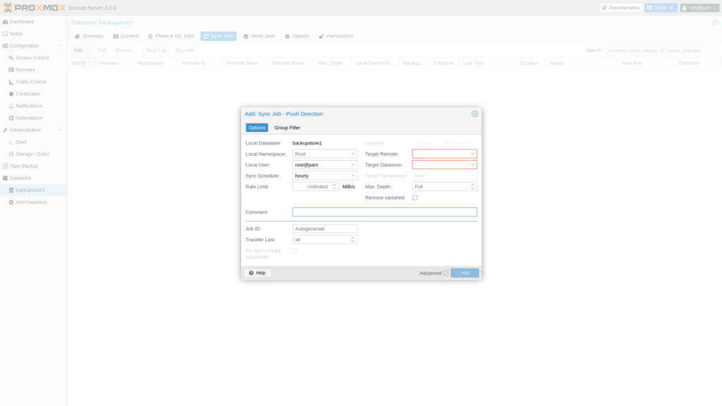 Proxmox Backup Server 3.3 - Add Push Sync Job