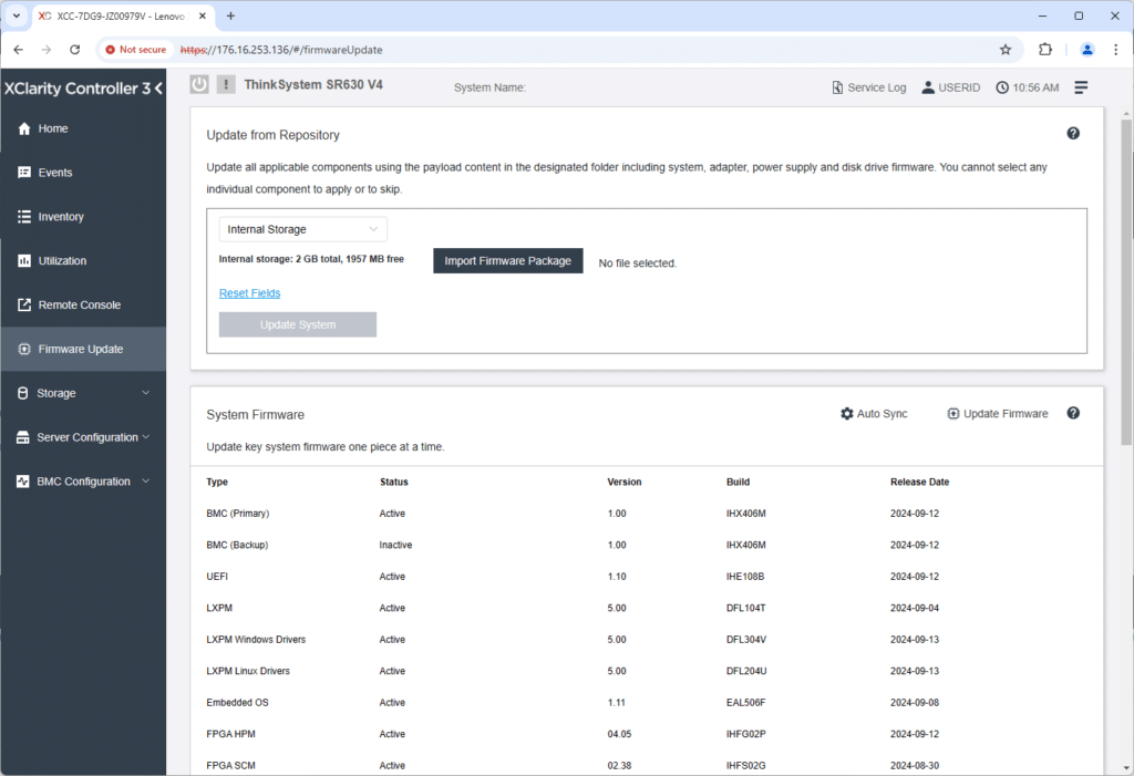 Lenovo ThinkSystem SR630 V4 XClarity ファームウェア